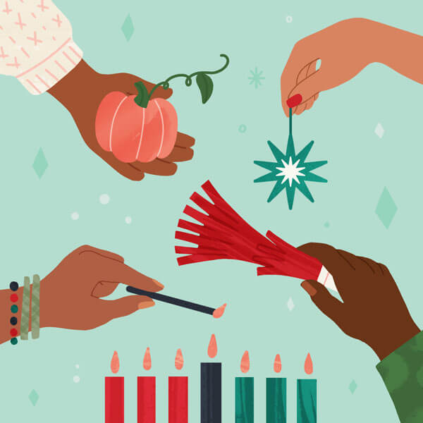 Illustration of hands reaching into frame with candles, noisemakers, ornaments over a kinara to represent Christmas and Kwanzaa.