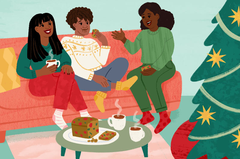 Illustration of family members spending holiday time together on a couch
