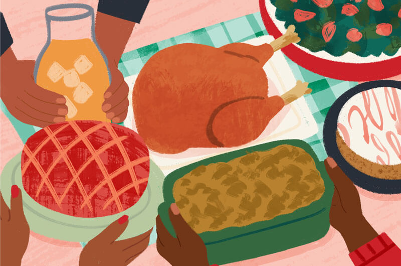 Illustration of hands placing food on a holiday table